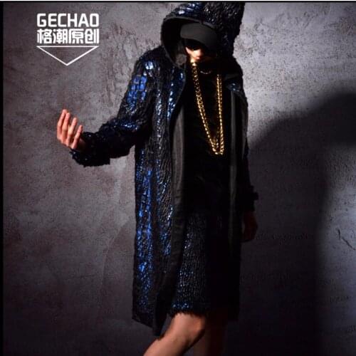 Men Long Coat Cool Blue Scales Atmosphere Cloak Singer Stage Nightclub Hairstylist Cloak Bar Performance Plus Size Clothing