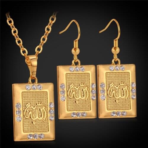 Kpop Allah Jewelry Sets Pendants Necklace Earrings Rhinestone Gold/Silver Color For Women Muslim Jewelry PE960
