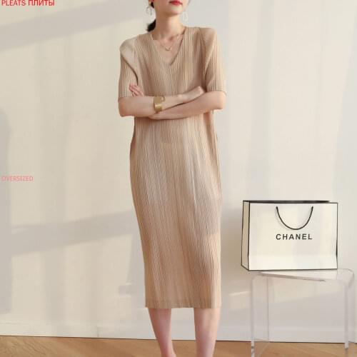 Miyake Pleated Ins Large Size Temperament Age Reduction Fashion Mid Length Split Dress Pleats Vestido