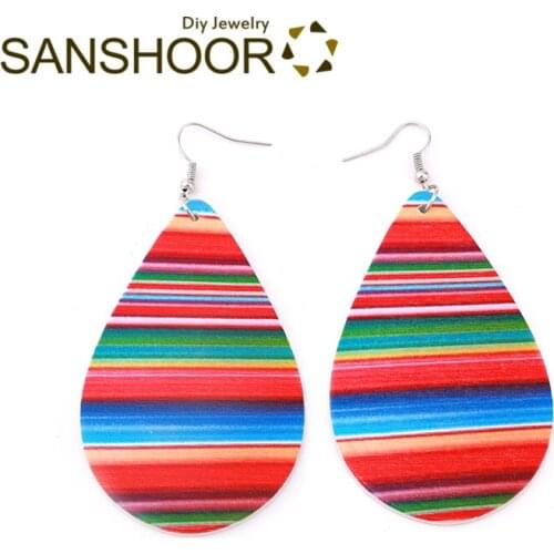 SANSHOOR Hand Painted Rainbow Wooden Earrings RainDrop Shape Afrocentric Ethnic Drop Dangles Jewelry For Women Gifts 1Pair