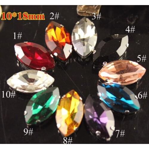 Postpaid 40 pcs/lot 10*18mm Navette GLASS Bead with Silver Metal Base,Sew On Jewel Glass Crystals Sparkling Faceted Glass Beads