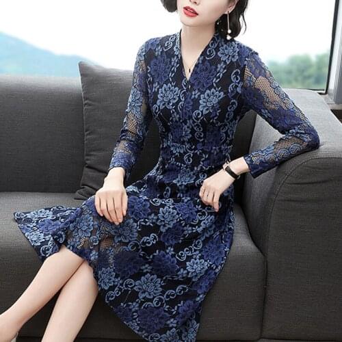 Spring Fall Vintage Women V Neck Lace High Waisted Blue Dress , Autumn Female Womens Elegant Long Sleeve 3xl Dresses