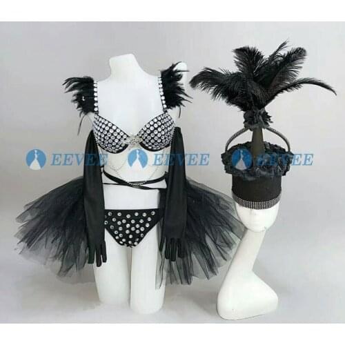 Tutu Skirt Womens Bikini feather crystals Headwear Bra shorts Skirt gloves 5-piece Set Prom Party Stage Wear Dance Show Outfit