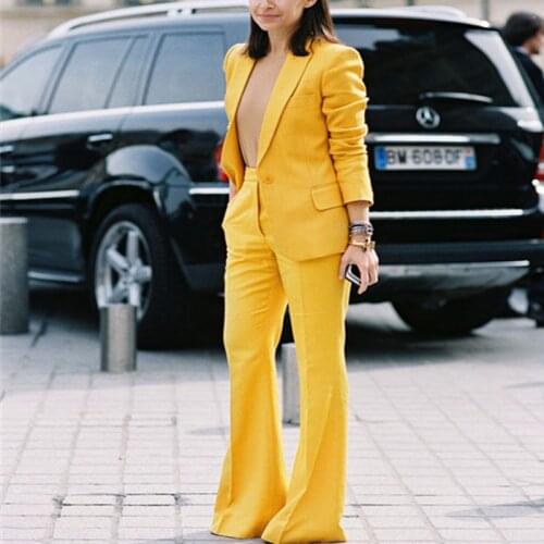 Yellow One Button Womens Suit Casual Blazer Jacket With Wide Leg Pants Fashion Free Style For Business Office Ladies