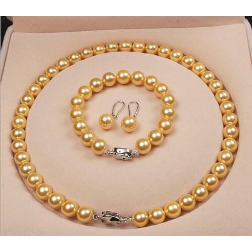 10mm Golden Shell Pearl Round Beads Necklace Bracelet Earrings
