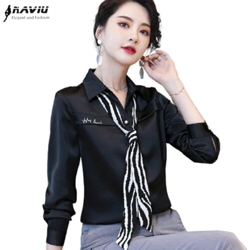 High End Shirt Women Design Black White Formal Spring All-Match New Satin Blouses Office Ladies Fashion Work Tops