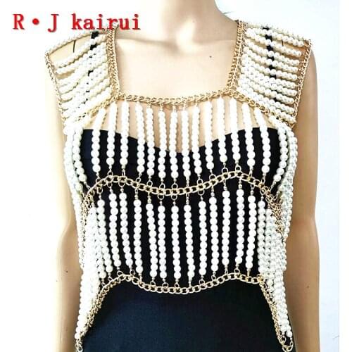 New Style RJPE04 Fashion Women Gold Color Chains Layers Imitation Pearls Top Neck Body Costume Chains Jewelry 2 Colors