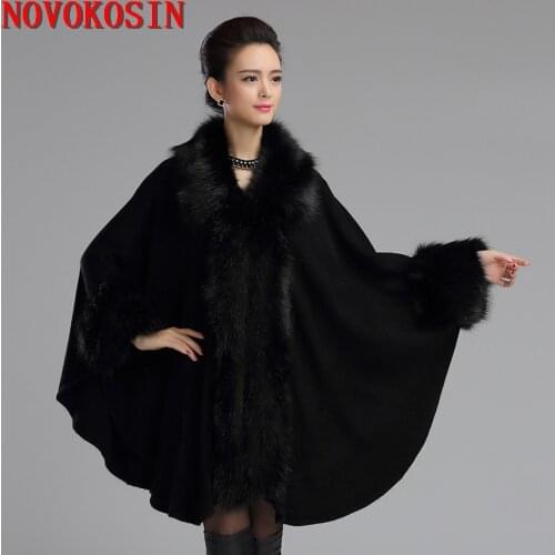2020 Plus Size Female Black Cape Big Pendulum Coat Winter Turn-Down Faux Fur Neck Women Long Batwing Sleeve Cardigan Loose Cloak