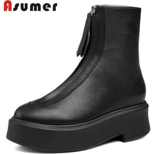 Asumer 2020 hot sale thick bottom genuine leather footwear women boots round toe zip autumn winter fashion ankle boots woman