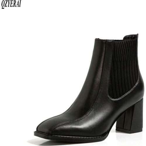 New winter 2020 Genuine leather Women boots European style Square head black white ankle Short boots fashion Size 34-43