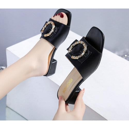 Womens High-heeled Slippers, Outer Wear Thick-heeled Slippers, Womens New Mid-heeled Rhinestone Flip-flop Simple Fairy Sandals