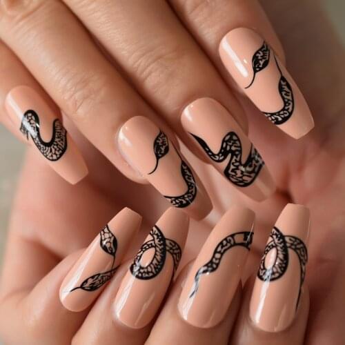 Snake Pre Pattern Design Press On Nail Coffin Finger Nail Ballerina Tips Charms Full Cover Nail Art Supplies For Professionals