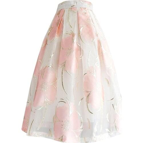 2021 summer vintage Organza embroidered ball gown skirt women high waist umbrella skirt plus size