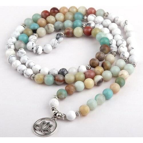 Free Shipping Fashion White Beads Amazonite Stones Bohemian Tribal Jewelry Lotus Flower Buddha Charm Necklace