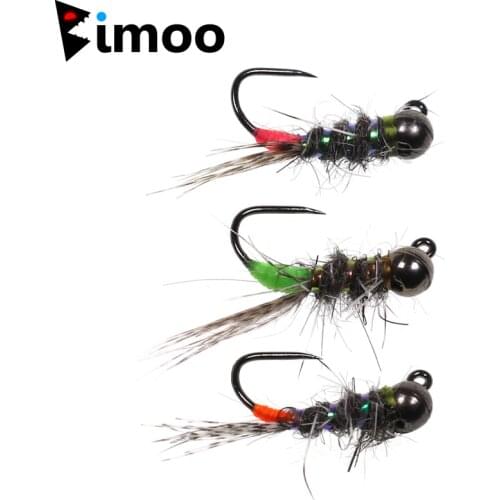 Bimoo 6pcs Black Tungsten Head Fluorescent Orange Pink Green Jig Fly Euro Nymph Perdigon Nymphs Fast Sinking Trout Fishing Lure