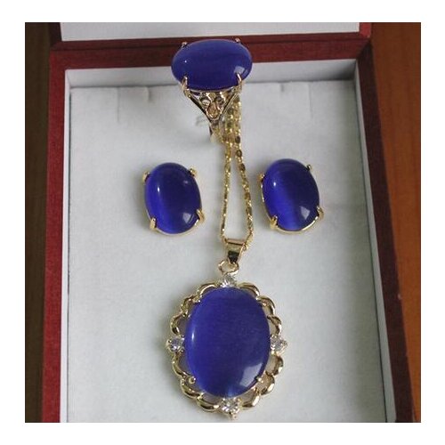 Noble 13*18mm plated blue opal ring(#6,7,8,9) earrings &pendant fashion jewelry set