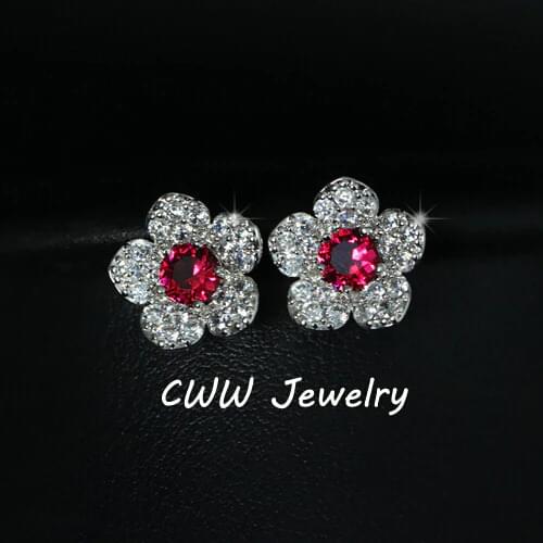 CWWZircons Fashion Red Crystal Jewelry White Gold Color AAA+ Cubic Zirconia Pave Cute Flower Stud Earrings For Ladies CZ222