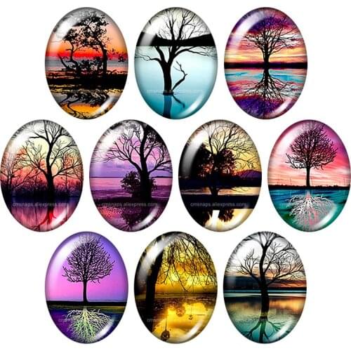 TB0217 Beauty Tree in the Lake Life tree 13x18mm/18x25mm/30x40mm mixed Oval photo glass cabochon demo flat back Jewelry findings