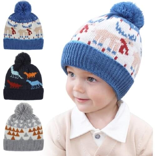 Kids Pom-Pom knitted hat Children Winter Beanie Infant Baby Dinosaur Cap Beanie With Pom Pom Boys Girl Warm hat 1-4Years H235
