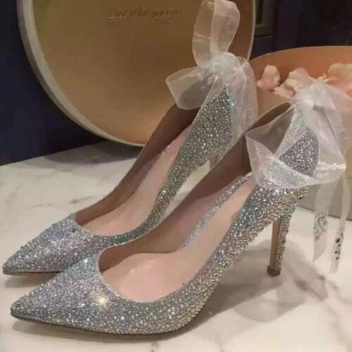 Elegant White Wedding Shoes Bride Pointed toe Bling Bling Crystal Embellished High Heels Pumps Women Shoes Slip-on Ladies Shoes