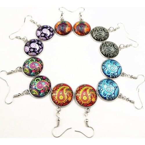 Jiangzimei 24pairs cashew Bandana flowers Paisley black wood Glass earrings;French ear hook ear pendants for girl women