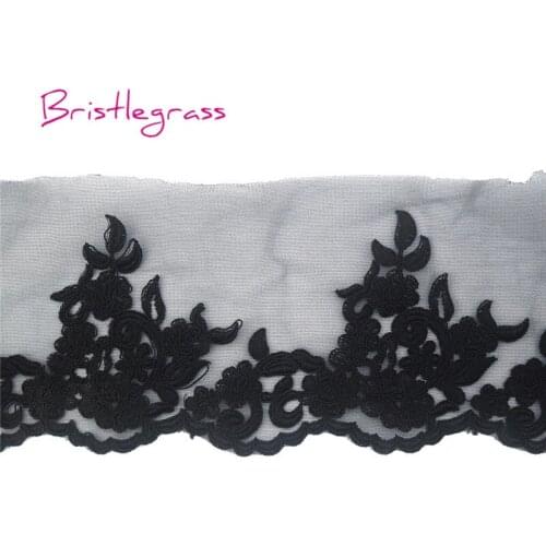 BRISTLEGRASS 1 Yard Black Classic Embroidered Flower Tulle Mesh Lace Trim Applique Patch Bridal Wedding Dress Costume DIY Sewing