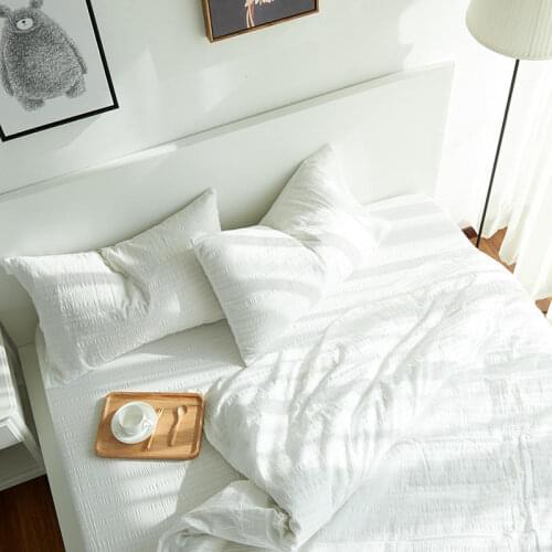 100% Cotton Seersucker Bedding Set White Duvet Cover Healthy Breathable Naked Sleeping Sheet Pillowcase King Queen Full 4 PCS
