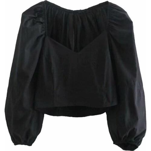 Fashion ZA 2021 Women Cotton Lightweight Black Poplin Shirt Short Sexy Casual V Collar Ladies Puff Sleeve Tshirt Mujer Tops