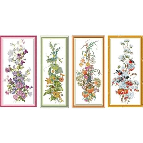 Joy Sunday Cross Stitch Kit Four Seasons Floral Bird Pattern 14ct 11ct Embroidery Kit Hand Needlework Home Decoration Painting