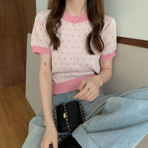 2021 Summer New Knitted T-shirt Women Short-sleeved Ice Silk Pullover Round Neck Top kawaii t shirt Knitted Top Women Crop Top