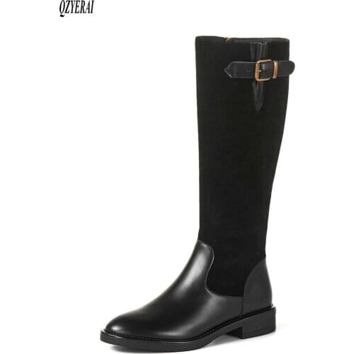 New style Knee-high boots Genuine leather Women boots Motorcycle boots warm Female boots winter Women shoes 100% cowhide