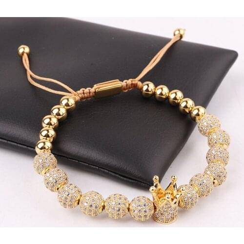 New Design High Quality Luxury 8mm CZ Pave Ball Crown Charms Bracelet Bangle Men Jewelry Gift
