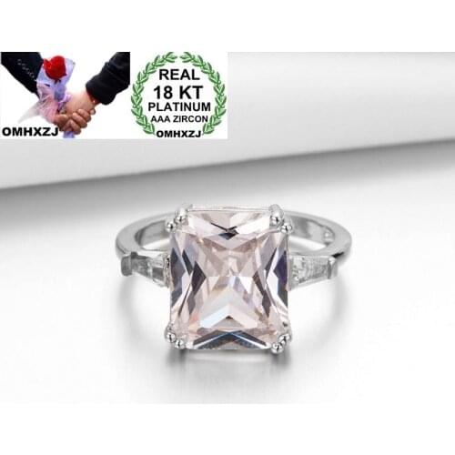 OMHXZJ Wholesale European Fashion Woman Girl Party Wedding Gift Luxury Rectangle Light Pink Zircon 18KT White Gold Ring RR648
