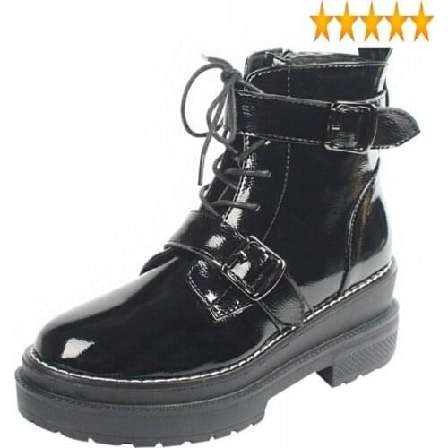 Lining Winter Women Patent Fleece Leather Ankle Strap Buckle Lace Up Biker Riding Boots Block High Heels Platform Shoes
