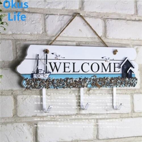 Mediterranean Wood Hooks Blue WELCOME Letter Card Coats Keys Hook Living Room Multifunction Wall-mounted Home Wall Decor
