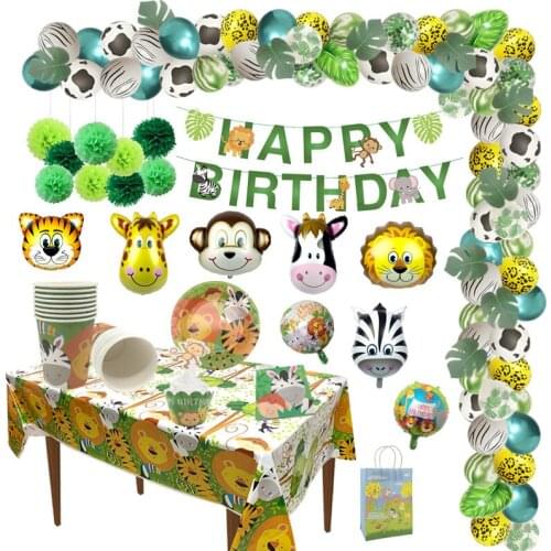 Birthday Party Decoration Jungle Safari Animal Disposable Tableware Monkey Tiger Lion Balloon Baby Shower Kids Favors Supplies