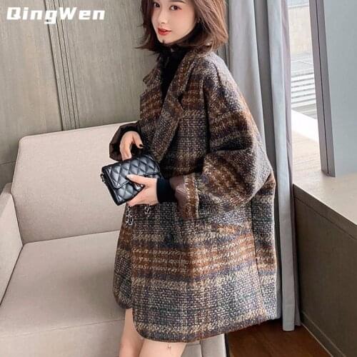 QingWen Vintage Plaid Woolen Coat Women Mid-Length 2021 Autumn Winter New Korean Overcoat Popular Loose Double Breasted Coat