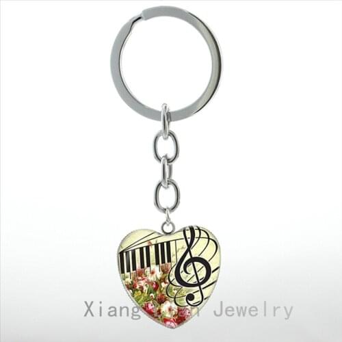 Vintage Flower Music Note heart pendant key chain ring fashion piano men women musician keychain Jewelry for music lover HP120