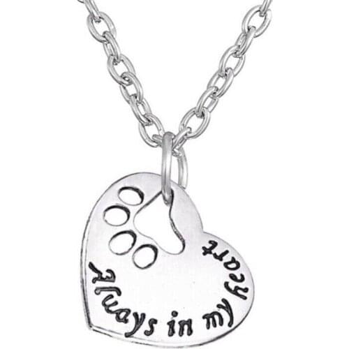 Always In My Heart Hollow Pet Dog Cat Paw Footprint Pendant Necklace Family Friends Women Men Chain Charm Memorial Party Gifts