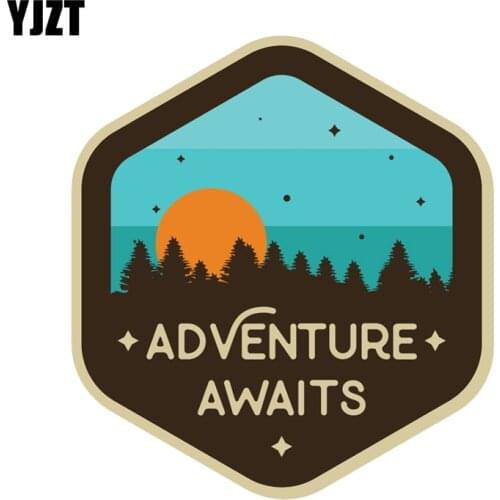YJZT 12.6CM*13.7CM Adventure Awaits Sunset Camping Travel Decal PVC Motorcycle Car Sticker 11-00760