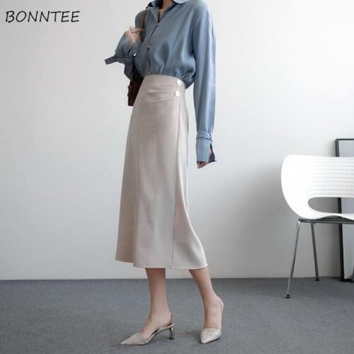 Skirts Women Korean Style A-line High Waist Summer Fashion Folds Solid Mujer Faldas Office Ladies Elegant Retro Chic Femme Saia