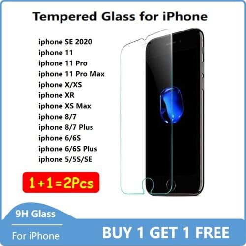 BUY-1-GET-1-FREE 9H Clear Tempered Glass Screen Protector For iphone 11 Pro Max XS XR Max X 8 7 6 S Plus 5S SE2 Protective Film