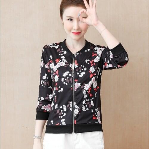 New Plus Size Printed Bomber Jacket Women Pockets Zipper Long Sleeve Coat Female Flower Chiffon Casual Basic Jacket Woman Spring