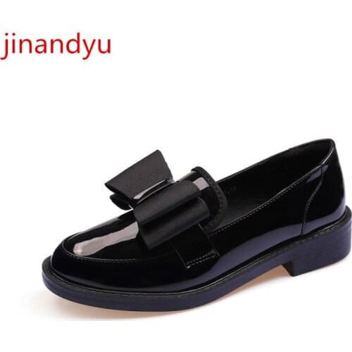 New British Style Patent Leather Womens Low Heel Loafers Women Pumps Sweet Bow Wine Red Black Shoes Heels Block Heel Shoes