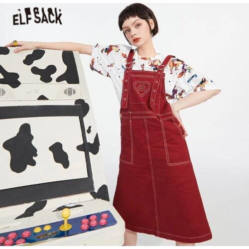 ELFSACK Solid High Waist Chic Pocket Casual Overall Dress Women,2021 Spring ELF Vintage Korean Female,Summer Denim Dresses