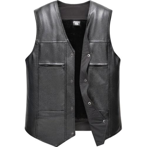 4 Pocket Cardigan PU Leather Waistcoat Men Motorcycle Vest Coat 2021 New Warm Winter Sleeveless Black Studded Jacket Vest
