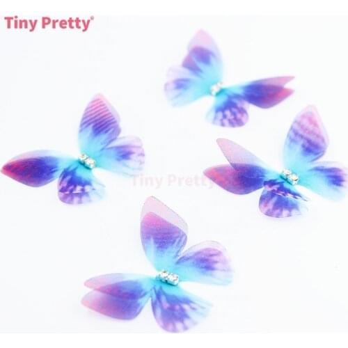 20PCS GradientBlue Color Double-layer Butterflies w/ Rhinestone Organza Butterflies Accessory for DIY Butterfly Choker, Earrings