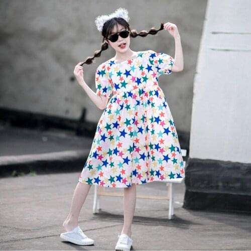 2021 Princess Dress Elegant Kids Dresses for Girl Short Sleeve Star Print Girl Dress Summer Cotton Children Clothing 4-16Y