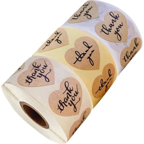 500 Pcs/roll Nature Kraft Heart shape thank you Stickers seal labels 1 inch labels scrapbooking for Package stationery sticker