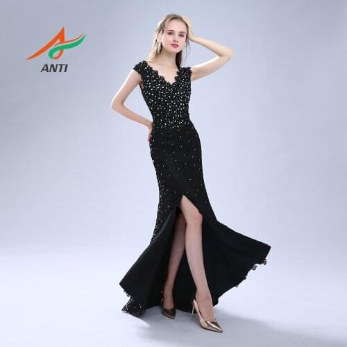 ANTI Sexy Skirt Slits Prom Dresses V-Neck 2018 Beaded Crystals Vestidos De Festa Shining Lace Mermaid Party Gowns Real Pictures